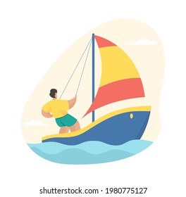 Man is sailing. Active yachting with adrenaline racing water. Male character yacht straightens sail downwind. Outdoor journey with scenic lagoon cruises. Vector flat illustration isolated