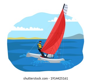 Hombre navegando en barco, aventura deportiva extrema. El tipo en una lancha de agua haciendo ejercicio o compitiendo en el agua en verano. Esparcimiento riesgoso al aire libre y ejercicio de ilustración vectorial. Estilo de vida saludable en la naturaleza.