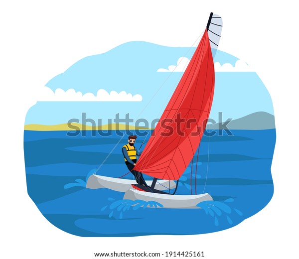 Man sailing in boat, extreme sport adventure. Guy\
on paddleboat exercising or competing in water in summer. Outdoor\
risky recreation and exercise vector illustration. Healthy\
lifestyle in nature.