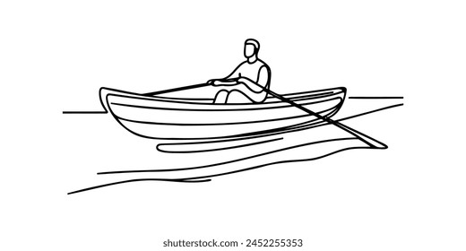 Man sailing on a boat kayaking one line sketch on white background.