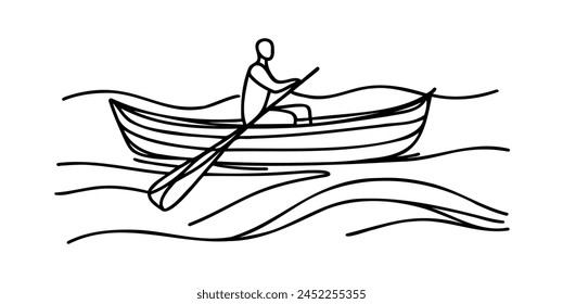 Man sailing on a boat kayaking one line sketch on white background.