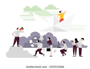 Man sailing on a paper boat. Office work vs self sufficiency. Concept for vacation or freelance theme. Flat style vector illustration