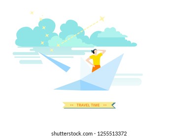 Man sailing on a paper boat. Flat style vector illustration. Concept for travel design