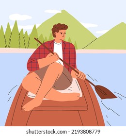 Man sailing on wood boat with paddle. Calm person relaxing, rowing along lake, river in nature on summer vacation. Happy character during summertime outdoor relaxation. Flat vector illustration