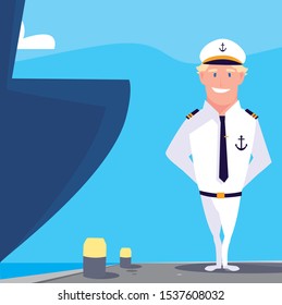 man sailor of boat in front the ship vector illustration design