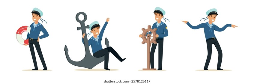 Man Sailor Character in Striped Blue Shirt and Cap Vector Set