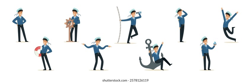 Man Sailor Character in Striped Blue Shirt and Cap Vector Set