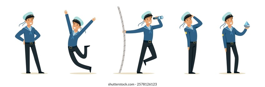 Man Sailor Character in Striped Blue Shirt and Cap Vector Set