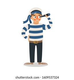 Man sailor standing and looking at spyglass vector illustration