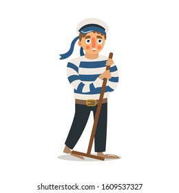 Man sailor standing and scrubbing deck with mop vector illustration