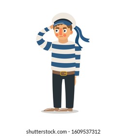 Man sailor in striped uniform standing and greeting vector illustration