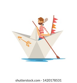 Man Sailor with Tobacco Pipe Boating on River, Lake or Pond in Paper Boat Vector Illustration