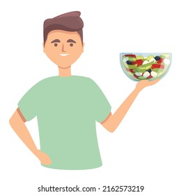 Man with salad icon cartoon vector. Vegetable diet. Healthy bowl