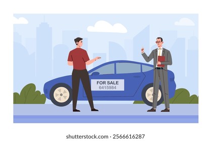 Man sale car. Dealer with client near blue automobile. Deal and agreement. Seller and buyer near vehicle. Retail and dealership. Rent or purchase. Flat vector illustration