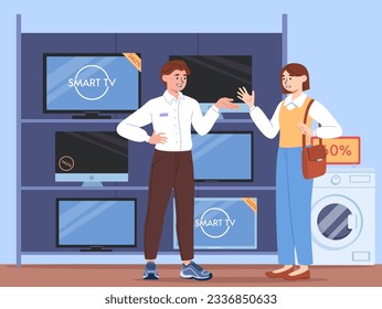 Man sale TV concept. Young guy with girl at electronics store or shop. Consultant and assistant gives advice to buyer. Commerce and marketing, business. Cartoon flat vector illustration