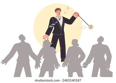 Man salesman hypnotizes public to capture minds of buyers and convince them to make bad deal. Business guy hypnotizes training participants, teaching trance and NLP technology vision methods