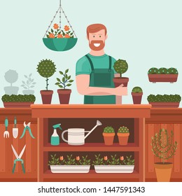 Man salesman sells plants and flowers. Gardening shop. Vector flat illustration of gardening and growing plants. Set of vector elements: flowers, pot, shovel, rake, hoe, secateur, watering can, spray.