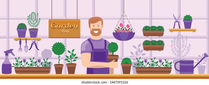 Man salesman sells plants and flowers. Gardening shop. Vector flat illustration of gardening and growing plants. Set of vector elements: flowers, pot, shovel, rake, hoe, secateur, watering can, spray.