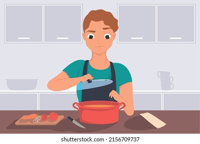 man salting soup cooking scene