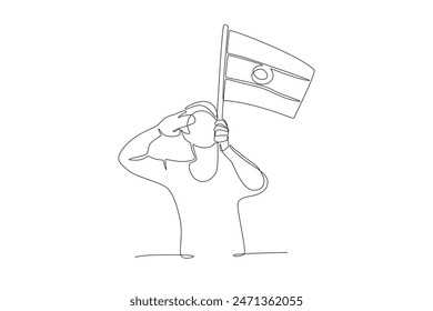 Man saluting the Indian flag. India independence day concept one-line drawing