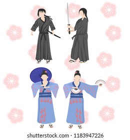 man samurai and woman japanese style