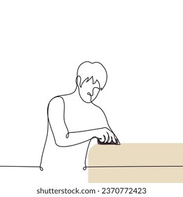 man sanding wood with sandpaper or doing cleaning - one line art vector. wood processing concept, craftsman at work on wood, cleaning