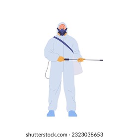 Man sanitary worker character in protective overalls on guard of hygiene order and cleanliness