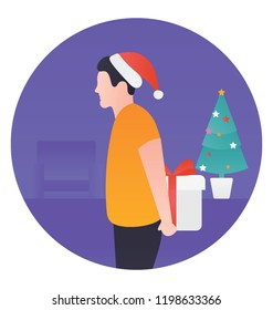 A man with santa cap having christmas surprise 