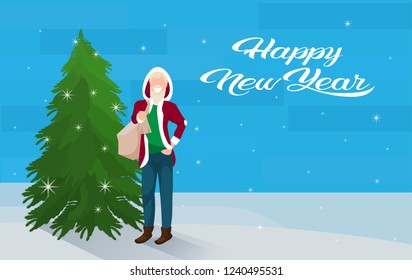 man santa claus costume with bag gifts standing near fir tree happy new year merry christmas concept flat horizontal