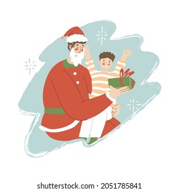 A man in a Santa Claus costume gives a gift to a boy. The child is on his father lap. Vector illustration in flat style. Isolated on white background. New year and christmas celebrate.