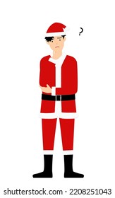 A man in a Santa Claus costume with his arms folded thinking.