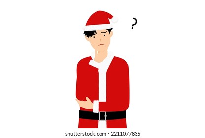 A man in a Santa Claus costume with his arms folded thinking.