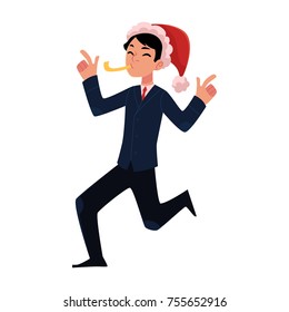 Man in Santa Claus hat having fun blowing whistle at corporate Christmas party, cartoon vector illustration isolated on white background. Man in business suit and Santa Claus hat celebrating Christmas