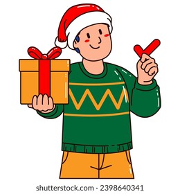 Man in a Santa Claus hat holding a gift box and check mark