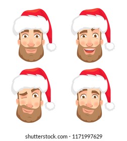 Man in Santa Claus hat. Human emotions set. Face of man with beard vector illustration