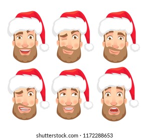 Man in Santa Claus hat. Human emotions set. Face of man with beard vector illustration