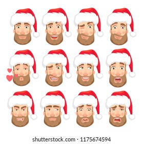 Man in Santa Claus hat. Human emotions set. Face of man with beard vector illustration