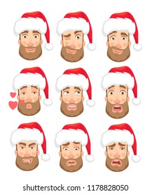 Man in Santa Claus hat. Human emotions set. Face of man with beard vector illustration