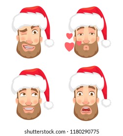 Man in Santa Claus hat. Human emotions set. Face of man with beard vector illustration