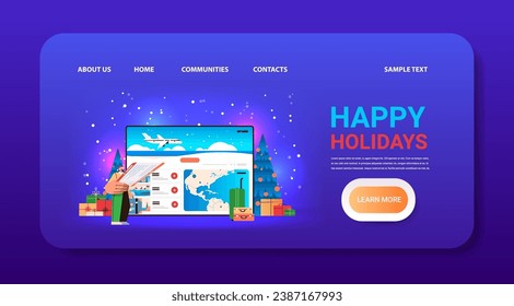 man in santa claus hat looking for available cheapest tickets via mobile app online booking searching for flight service concept