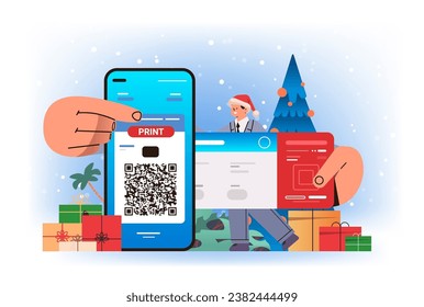 man in santa claus hat printing e-tickets via mobile app online booking searching for flight service concept horizontal