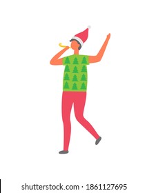 Man in Santa Claus hat, with whistle, dressed in green t-shirt with spruce and pine trees, red trousers. Person celebrating Christmas New Year eve, vector