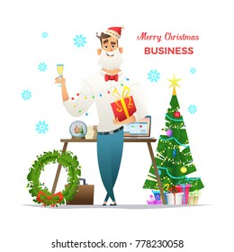 Man in Santa Claus hat, white shirt and collar, keeps a gift and drinks champagne. Christmas concept character design.