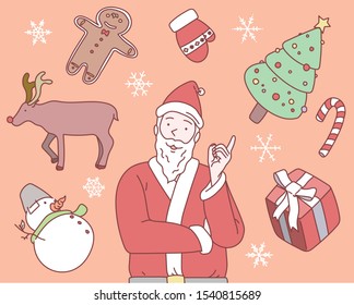 A man in Santa costume is holding a finger and talking. Christmas supplies are around him. hand drawn style vector design illustrations.