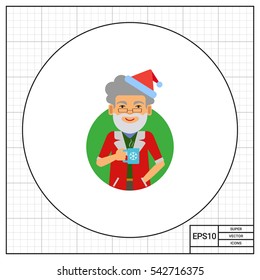 Man in Santa costume holding mug