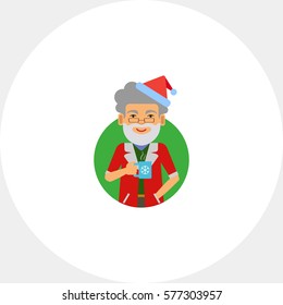 Man in Santa costume holding mug