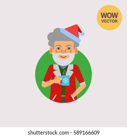 Man in Santa costume holding mug