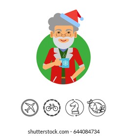Man in Santa costume holding mug