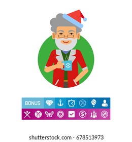 Man in Santa costume holding mug
