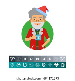 Man in Santa costume holding mug